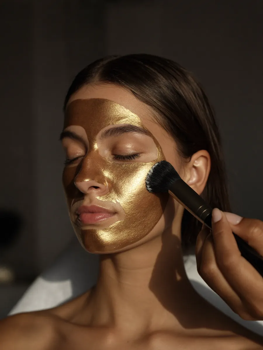 A gold facial mask being applied