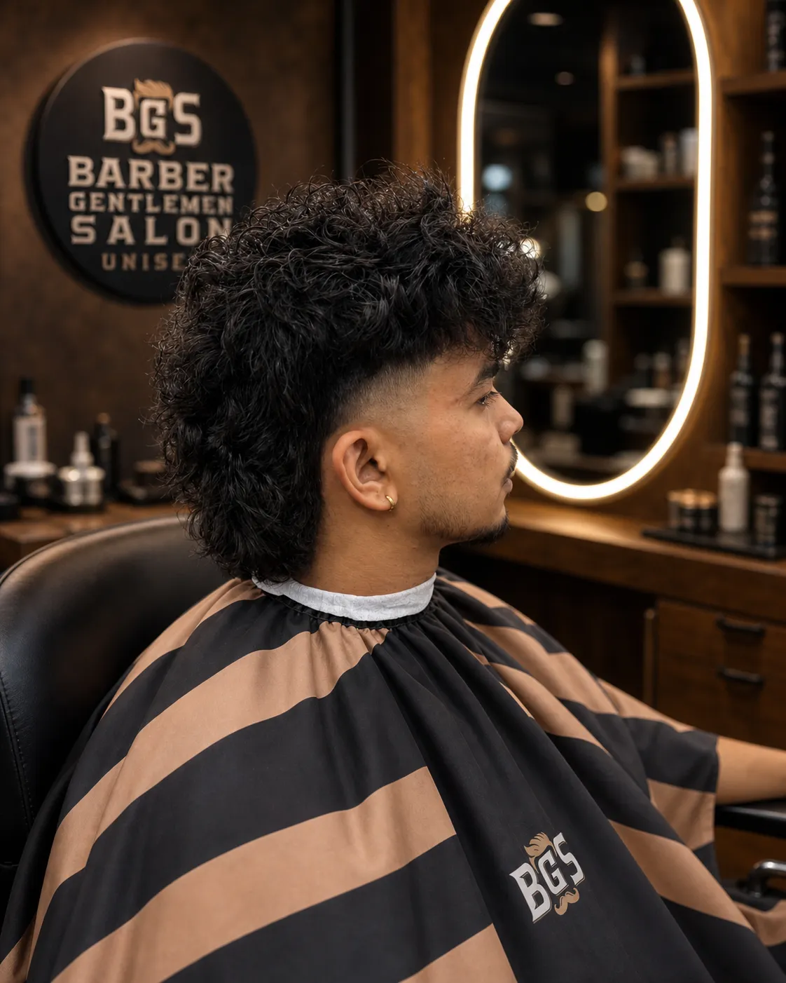 Curly mullet with a mid fade through the sides, cut on the men's side at BGS Blacktown